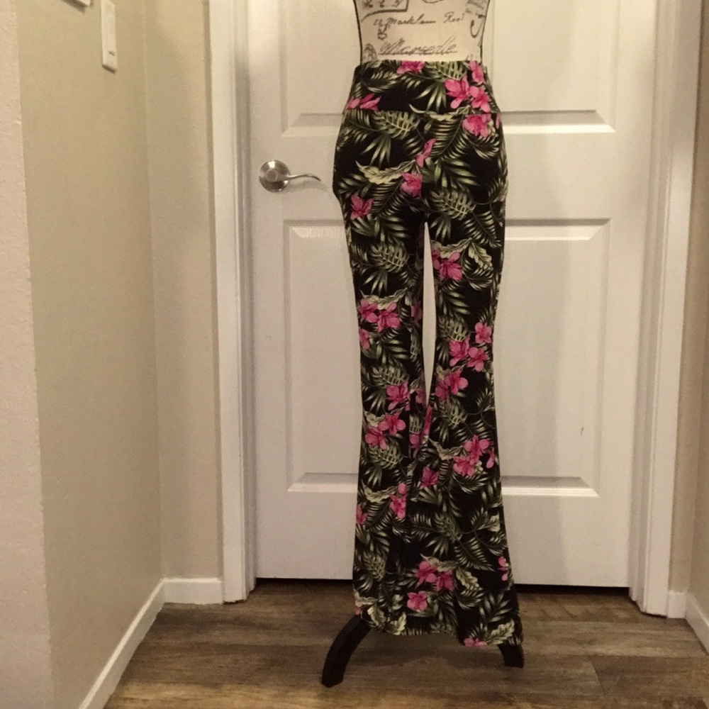 Black with pink flowers flared pants